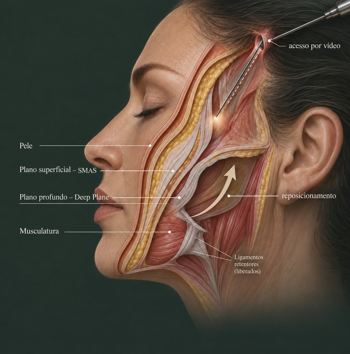Ilustração das camadas da face: pele, plano superficial (SMAS), plano profundo (Deep Plane), musculatura, ligamentos retentores liberados e acesso por vídeo